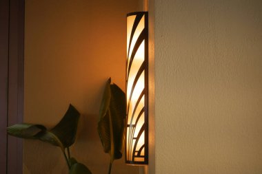 Yumuşak ışık, bereketli yeşilliğin yanında şık bir duvar armatüründen yayılır..