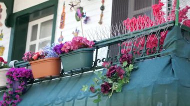 Canlı çiçekler güneşli bir yerde balkon korkuluklarını süslüyor..