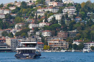 Deniz kenarında sakin bir günde renkli deniz kıyısındaki evlerin yanından bir tekne geçiyor..