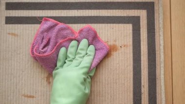 Bir insan halıdaki lekeyi çıkarmak için bez kullanır..