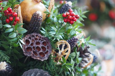 Kurumuş meyve, botanik ve canlı renklerin sergilendiği güzel bir düzenleme..