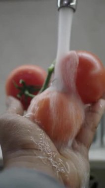 Elleri olgun domatesleri akarsu altında tutar ve iyice temizler..