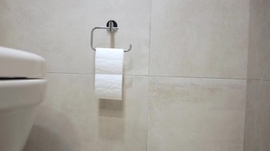 Temiz bir tuvalette tuvalet kağıdı rulosunun yanında bir tuvalet bulunur..