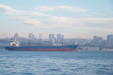 Arkasında şehir binaları olan sakin sularda bir kargo gemisi süzülüyor..