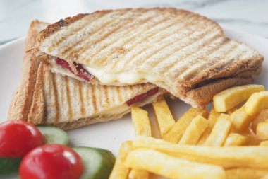 Kızarmış patates ve taze sebzeli sıcak peynirli sandviç..