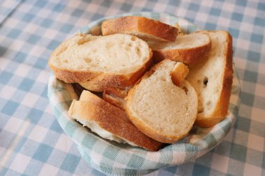 Dilimler taze pişmiş ekmek, kareli bir masa örtüsünün üzerinde sepete dizilmiş..