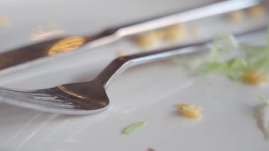 Utensiller, tatminkar bir yemeğin artıklarıyla dolu bir tabakta dinleniyor..