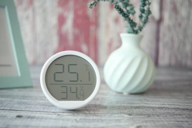 Sıcaklık ve nem görüntüsü dekoratif vazonun yanında ölçümler gösterir.