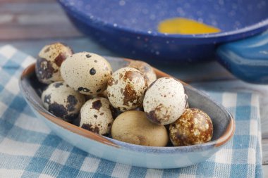 Bir kase çeşit çeşit bıldırcın yumurtası mavi kareli kumaşın üzerinde duruyor..