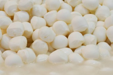 Plump mozzarella topları bir market tezgahında düzgün bir şekilde düzenlenir.
