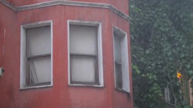 Bereketli yapraklarla çevrili renkli bir binaya sağanak yağmur yağıyor..