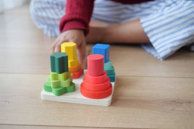 Genç bir çocuk ahşap zeminde canlı bir oyuncakla oynuyor..