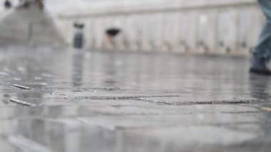 Şehir sokaklarında gezinen bireyler olarak yağmur suyu kaldırımı kaplıyor.