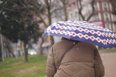 Kar yağarken elinde şemsiyeyle parkta gezinen bir adam..