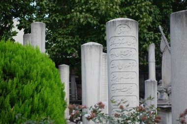 Mezar taşları, huzurlu bir bölgede yemyeşil bir alanda karmaşık oymalar gösteriyor..