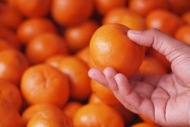 Bir el markette meyve seçerken canlı bir portakal tutar..