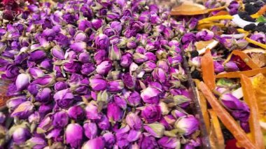 Markette sergilenen canlı kurumuş çiçek ve meyve koleksiyonu.