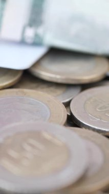 Bir masaya yerleştirilmiş çeşitli para ve banknotların yakın plan çekimi.