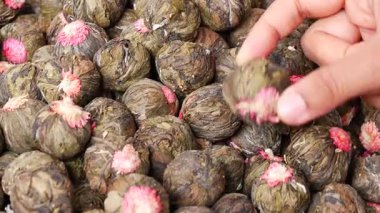 Çin 'de bir markette el yapımı çiçek çay toplarının güzelliğini keşfedin..