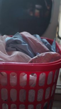 Kırmızı çamaşır sepetinde renkli giysileri sınıflandırmak ve düzenlemek..