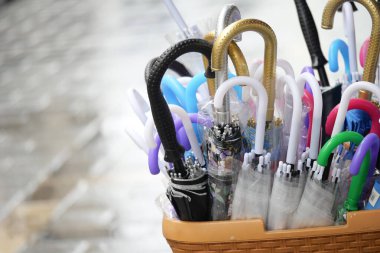 Çeşitli şemsiyeler yağmurda müşterileri beklemek için bir sepette toplandı..