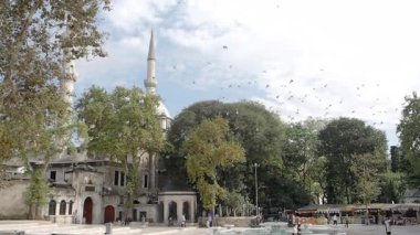 Ağaçlı sakin bir park, tarihi bir cami ve neşeli ziyaretçiler..