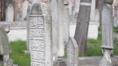 Huzurlu bir mezarlık bölgesinde karmaşık oyulmuş mezar taşlarını keşfedin..