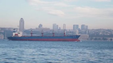 Büyük bir kargo gemisi sakin sularda süzülüyor..