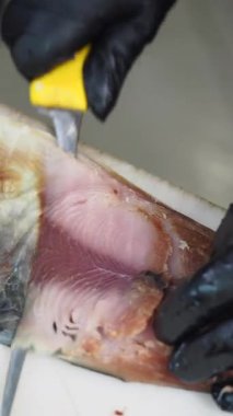 Yetenekli bir şef, yerel bir mutfakta taze balık hazırlar..