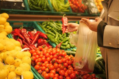 Markette renkli domates ve kırmızı biber gösterimi.