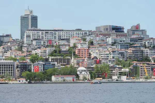 İstanbul 'un ufuk çizgisi manzarasında deniz kenarındaki binalar, yeşillikler ve bayraklar yer alıyor.