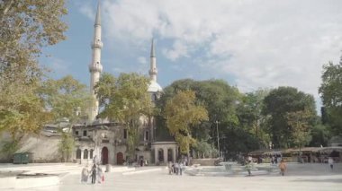 Ziyaretçiler, güzel ağaçlarla dolu tarihi bölgede güneşli bir günün tadını çıkarıyorlar..