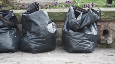 Çöp torbaları bir bahçe alanının yakınındaki kaldırıma yığılmış..