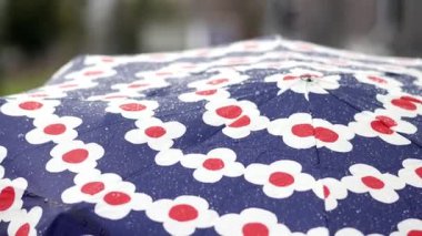 Canlı bir şemsiye, kasvetli bir günde yağmurdan korunurken desenleri gösterir.