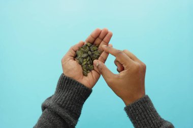 Kişi elinde birkaç yeşil kabak çekirdeğini dikkatle inceler..