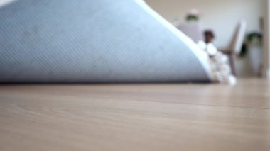 Yuvarlanmış halısı olan, ahşap döşemeleri olan rahat bir oda..