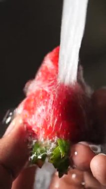 Bir insan hazır yemek için akan suyun altında olgun çilekleri temizler..