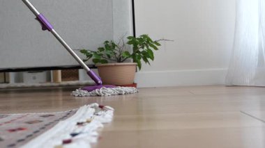 Yakınlarda bitkiler olan iyi aydınlatılmış bir odada ahşap döşemeleri paspaslıyorum..