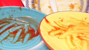 Empty, colorful plates highlight delicious meals enjoyed during gathering.