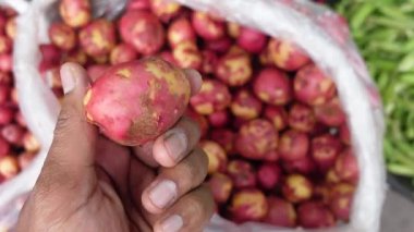 Meyvelerle dolu kalabalık bir pazarda kırmızı bir patatesin elde taşınan görüntüsü.
