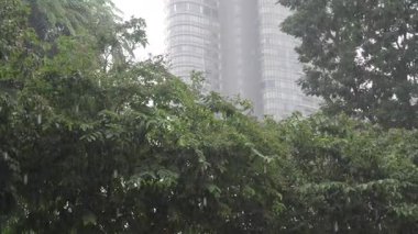 Şiddetli yağmur, hareketli bir şehir manzarasında dramatik bir atmosfer yaratır..