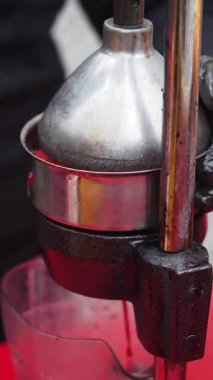 Canlı bir meyve sıkacağıyla taze meyve suyu üretme sürecine tanık olun..