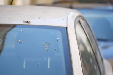 Açık havada çamurlu ve kusurlu bir arabanın ön camına yakın çekim..