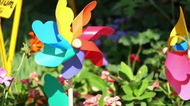 Çiçekler ve yeşilliklerle dolu canlı bir bahçede dönen parlak fırıldaklar..