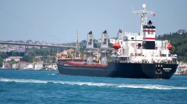 Türkiye 'de yoğun bir limandan sorunsuzca geçen bir kargo gemisi.