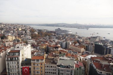 İstanbul 'a tepeden bakan hareketli bir siluet ve Boğaz' da gemiler.
