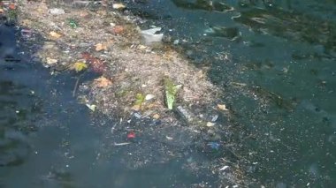 Kentsel nehir ortamında çöp ve organik madde birikmesi.