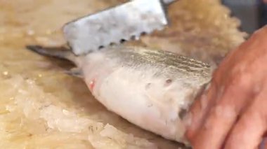 Şef tezgahtaki balıkları ustalıkla temizler ve fileto yapar..