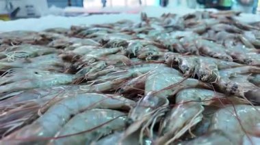 Yoğun bir pazarda büyük miktarlarda taze karides satılıyor..