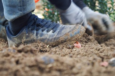 Eller çamurla kaplı ayakkabılarla zengin topraklara ekiliyor..